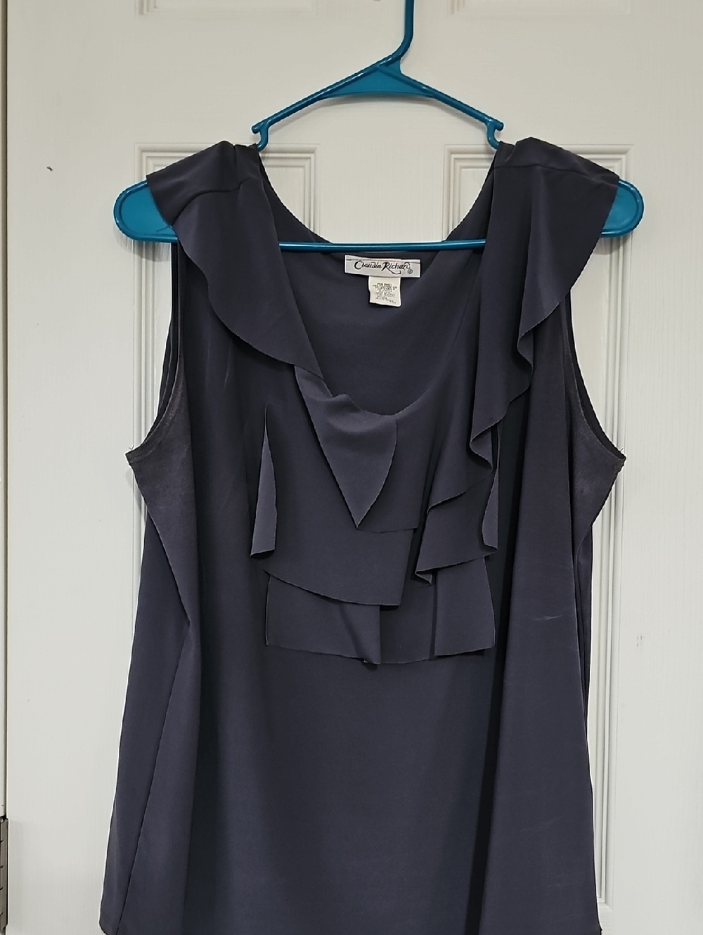 Claudia Richard Charcoal Gray Ruffled Sleeveless Blouse